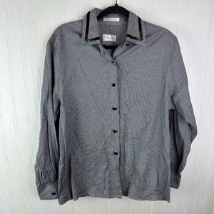 Foxcroft Black Plaid Button down Floral trim‎ on the collar size 10